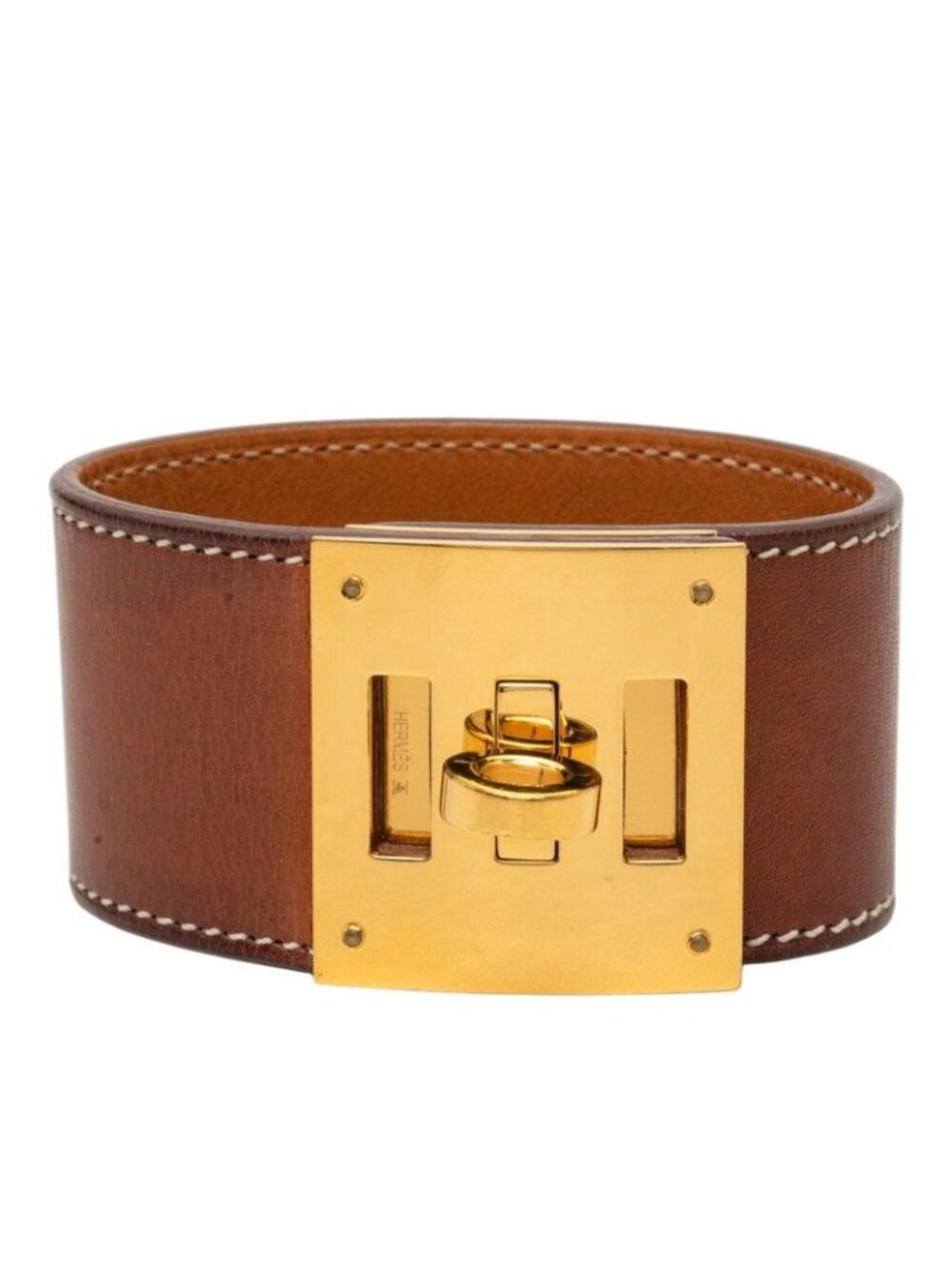 Hermes Kelly Dog Bracelet Stamp Brown Gold Leather Plated